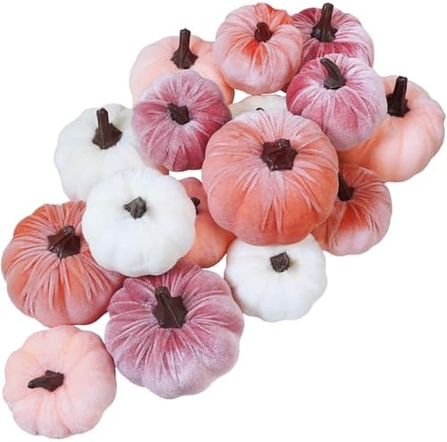 Winlyn 16 Pcs Assorted Artificial Velvet Pumpkins Blush Coral Pin...