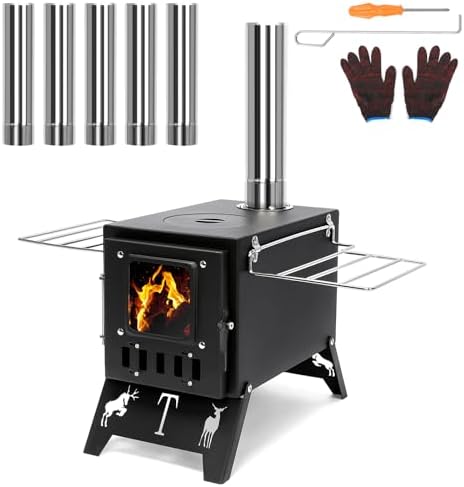 GFTIME Tent Stove Portable Camping Stove with 5 Chimney and Folding Legs for Camping, Garden, Outdoor Grill Cooker Kitchen, Wood Stove with 1 Pair of Gloves, 1 Phillips Screwdriver