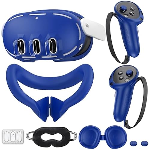 Silicone Cover Set Compatible with Meta/Oculus Quest 3, VR Silicone Face Cover, VR Shell Cover,Touch Controller Grip Cover,Camera Lens Protector Set (Blue)