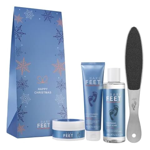 Bare Feet by Margaret Dabbs - Ultimate Indulgence for Happy Feet Gift Set - Soothing Foot Soak, Foot File, Exfoliating Foot Scrub & Conditioning Foot Cream with Gift Box Cover