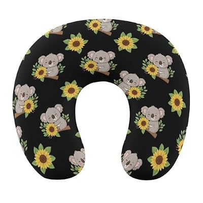 JZDACH Memory Foam Travel Pillow Chin Head Support Cushion Cute Koala Black Yellow Sunflower, Washable Removable Cover for Airplane Car Outdoor Sleep