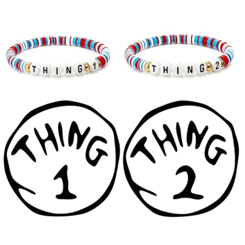 Thing 1 Thing 2 Iron-On Patch and Bracelet Set 4Pcs Book Character Costume Accessories for Reading Week Felt Patches with Matching Stretch Bracelets Halloween Party Supplies