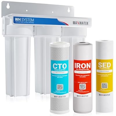 Max Water 3 Stage (Coastline Houses, Cottage, Farm, Well & Underground Water) 10 inch Water Filtration System for Whole House-Sediment+Iron Manganese+CTO Post Carbon -3/4" Inlet/Outlet- Model : WH-SW5