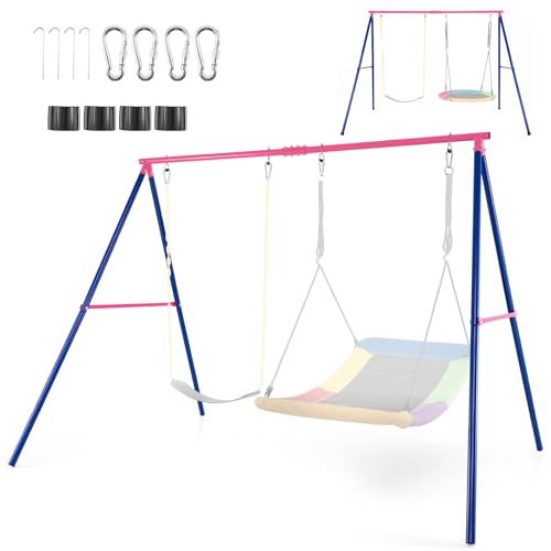 RELAX4LIFE Portique Balançoire Extérieur en Métal, Cadre de Balançoire Enfant en Forme A avec 4 Piquets de Terre, 4 Mousqueton, Deux sur la Balançoire...