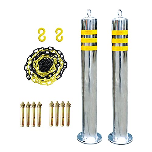 HCZKIUJY Parking Barrier for Driveway,2 Pack Parking Bollards with Plastic Chain,Security Stainless Steel Parking Poles for Driveway (Silver 800×76mm/31.5×3in)