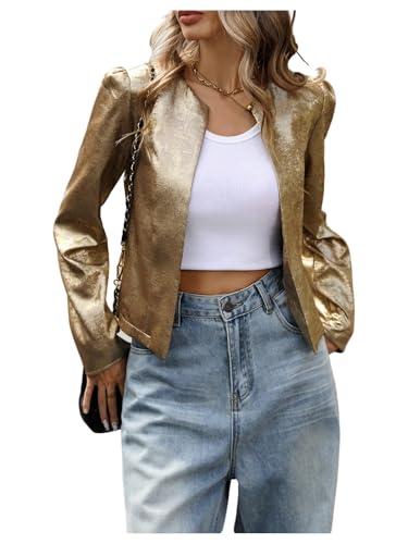 MakeMeChic Women's Metallic Open Front Jacket Long Sleeve Elegant Short Coat Outerwear