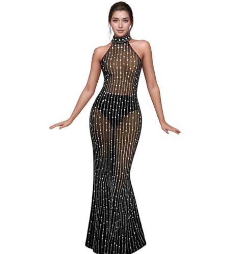 Image of Jigfar Women Sexy Elegant Rhinestone Mesh See Through Party Club Night Split Bodycon Formal Maxi Dress