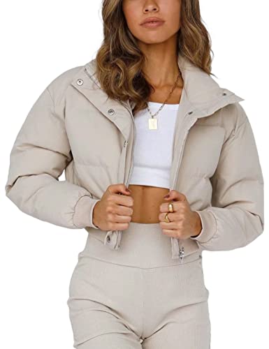 Lianlive Cropped Puffer Jacket Womens Zip Up Black Crop Puffy