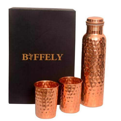 Image of Pure Copper Water Bottle - 1000ml (34 oz) Leak-Proof Ayurvedic Bottle | Handmade, BPA-Free, Joint-Free Design for Health, Yoga, Office & Travel | - Premium Gift Packaging (With 2 Tumblers)
