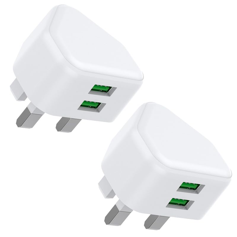 USB Plug Dual USB Charger Plug UK 2Pack Phone Plugs with USB Port Double Compact 3 Pin Mains Charge Head 10.5W 5V 2.1AMP Charging Compatible with iPhone 13 12 11 SE XS XR X 8 7 6 5 iPad Watch Airpods
