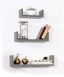 Adorn Home Essentials Floating Shelves Set of 3 with Modern U Shape and Durable Design, Simple Hanging Kit Included (Gray)