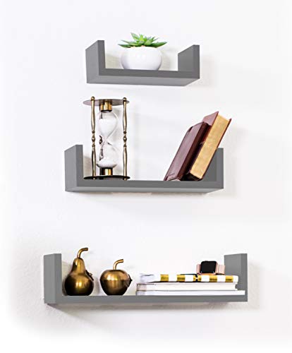 Adorn Home Essentials Floating Shelves Set of 3 with Modern U Shape and Durable Design, Simple Hanging Kit Included (Gray)