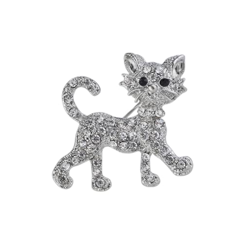 Cat Brooch Pin Crystal Rhinestone Cute Animal Personality Brooch Lapel Fashion Novelty Pin Men Ladies Girls Jewelry Gifts (Silver) #TOP10
