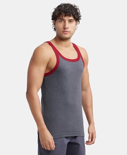 Image of Jockey US27 Men's Super Combed Cotton Rib Square Neck Gym Vest (Shoulder Strap Color May Vary) Charcoal & Red Pepper L