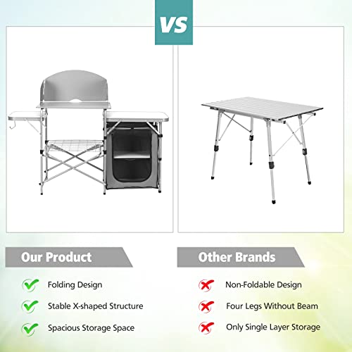 SPOTRAVEL Folding Camping Table, Portable Aluminum Grill Table Storage Cupboard with 2 Side Tabletops, Windshield & Carrying Bag, Outdoor Kitchen Work Table for BBQ Picnic Party - Image 4