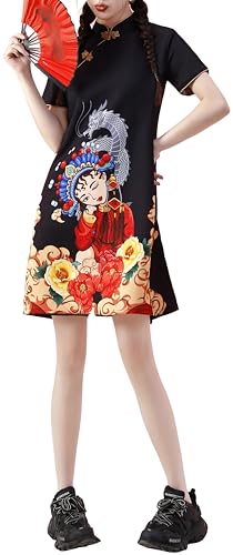 Women's Vintage Chinese Cheongsam Print Dress Short Sleeve Retro Side Slit Mini Loose Dress