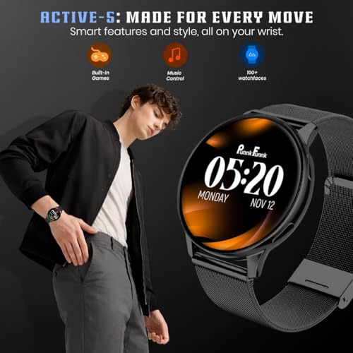 Image of PunnkFunnk Active 5 Smart Watch with 1.3 inch AMOLED HD Display | Bluetooth Calling, AI Voice Assistant, 100+ Sports Modes, Heart Rate & SPO₂ Tracking, IP68 Waterproof for Men & Women-(Millanese Black)