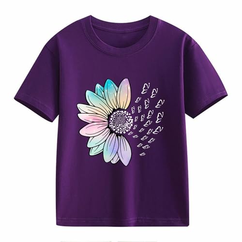 Girls Loose Fit Sunflower Graphic T Shirts Short Sleeve Crewneck Cute Pattern Printed Tops Kids (A-Purple, 12-13 Years)2
