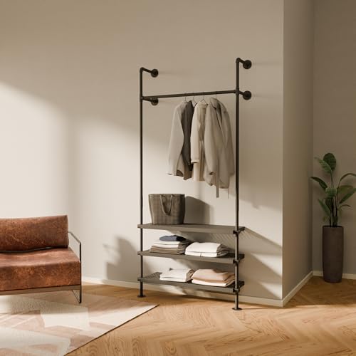 pamo Industrial Pipe Clothing Rack with Shelf - 390 lbs Capacity - Wall Mounted Clothes Rack and Walk In Closet with Metal Shelf for Wardrobe