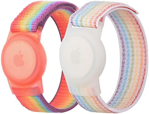 Fhtase AirTag Wristband Kids(2 Pack), Nylon Airtag Bracelet Compatible with Apple Air Tag,Adjustable Anti Lost Watch Band for Toddler Baby, Boys, and Girls, Elders (Rainbow)