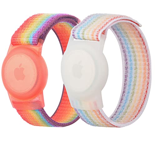 Fhtase Airtag Wristband Kids(2 Pack), Nylon Airtag Bracelet Compatible With Apple Air Tag,Adjustable Anti Lost Watch Band For Toddler Baby, Boys, And Girls, Elders (Rainbow) #TOP1