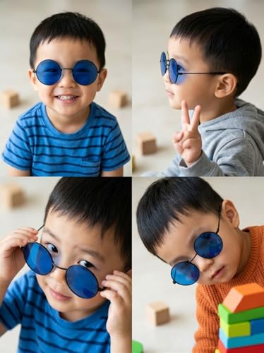 Image of BookMyCostume Kids Round Blue Sunglasses - Circular Sunshades for Boys and Girls - Fashion Summer Outdoor Eyewear Accessory for Birthday, Photo Shoots, and Fancy Dress | Aged 2 to 8 Years