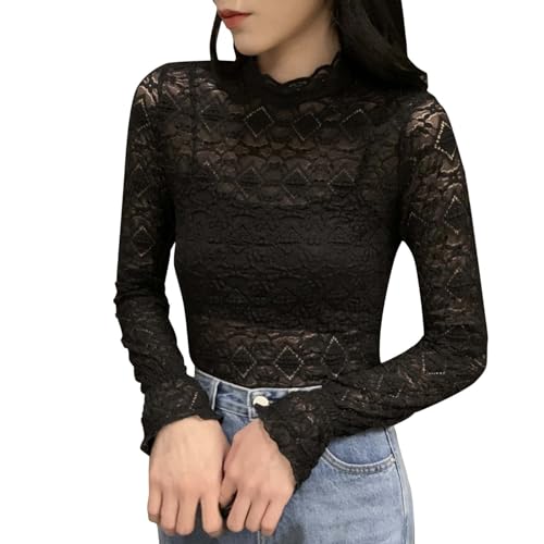 Generisch Top de encaje con cuello alto para mujer, Negro , M