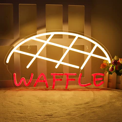 Image of Waffle Neon Signs for Wall Decor Neon Lights for Bedroom Led Business Signs Suitable for Cake Shop Bakery Supermarkets Stores Cookie House 5V Power Adapter, 16.2 * 9 Inch(Warm White + Red)