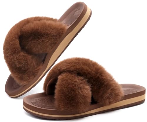 Image of COFACE Womens Fuzzy Slides Fluff Faux Fur Cross Slippers Open Toe Yoga Mat House Slipper Sandals With Arch Support For Indoor /Outdoor