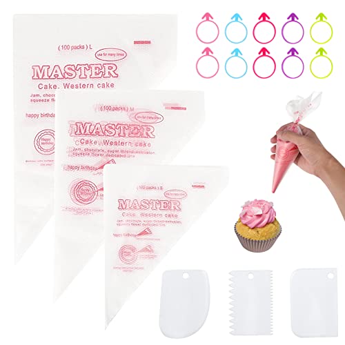 Coptiner 300PCS 3 Sizes Disposable Piping Bags, Icing Piping Pastry Bags Set Plastic Cake Decorating Bags Clear Piping Bag with 10 Bag Ties 3 Icing Combs for Cake Cupcake Decoration