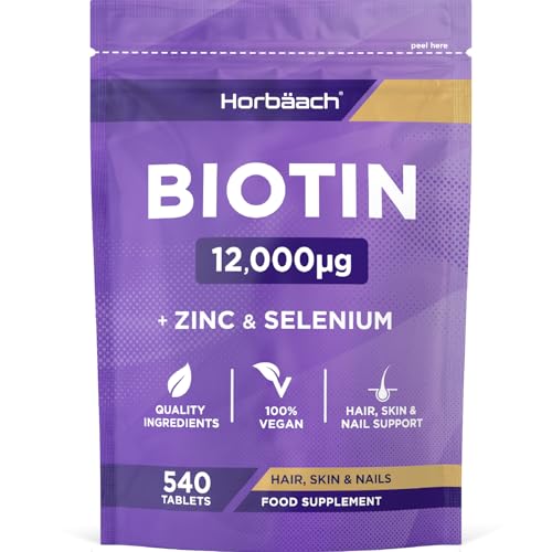 Biotina Zinc Selenio Complex para el Cabello 12.000 mcg | 6 Meses de Suministro - 540 Comprimidos Veganos | Alta Dosis | Complejo de Vitaminas para el Cabello, Piel y Uñas | Biotin Complex | Horbaach