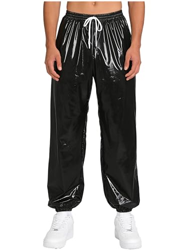 inhzoy Men Nylon Joggers Waterproof Incontinence Pants Loose Fit Glossy Track Pants Joggers PVC Elastic Waist Black 3XL