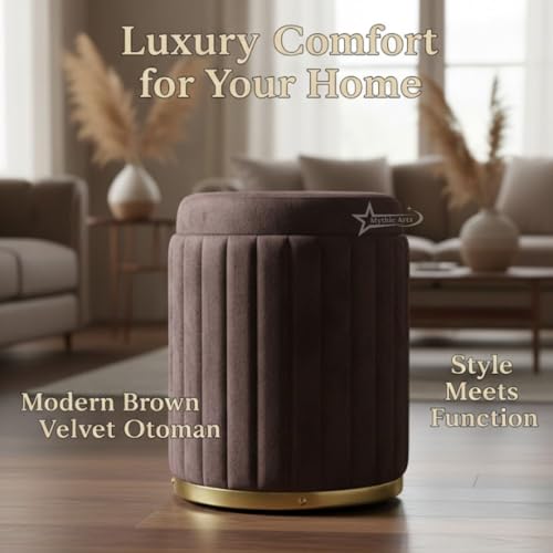 Image of Round Strip Stool with Cushion Foot Rest Office Stool Pouf Ottoman Padded Seat in Living Room - Brown