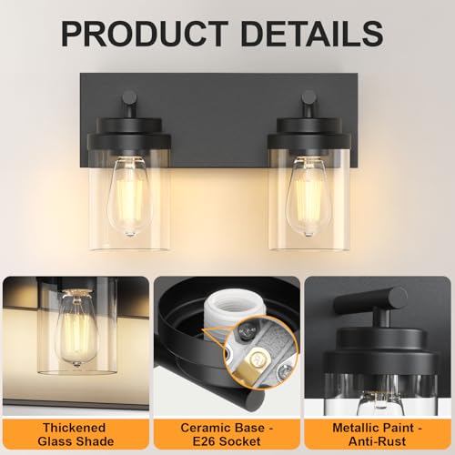 Image of IZORRO Bathroom Vanity Light Fixture, 2-Light 15 Inch Matte Black Bathroom Light Fixtures Over Mirror, with Clear Glass Shade, Modern Farmhouse Vanity Lights, Rustic Restroom Lighting Fixtures