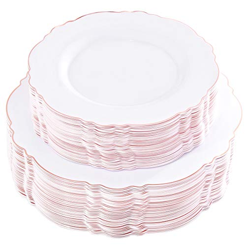 WDF 100pcs Rose Gold Plastic Plates-Baroque White &Rose Gold Disposable