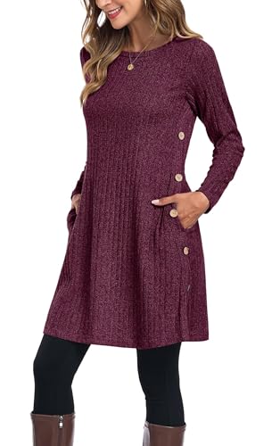 Image of GRECERELLE Womens Winter Jumper Dresses Ladies Fall Casual Crew Neck Tunic Knitted Long Sleeve Dress with Pockets Side Buttons (Rose Red, L)