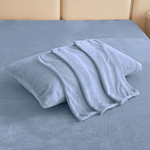 Image of Viviland Plush Microfleece Queen Bed Sheet Set, Dusty Blue | Soft Flannel-like Fleece, 100% Polyester, Fluffy Velvety Feel, 200GSM, 15 inch Deep Pocket, Warm Winter Gift & Decor