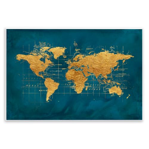 World Map Gold Blue Travel, 13 x 19 Inch Mounted Print on Wall Plaque