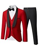 YND Men's 3 Piece Slim Fit Tuxedo Suit Set, One Button Shawl Lapel Solid Blazer, Jacket Vest Pants with Bow Tie, Red