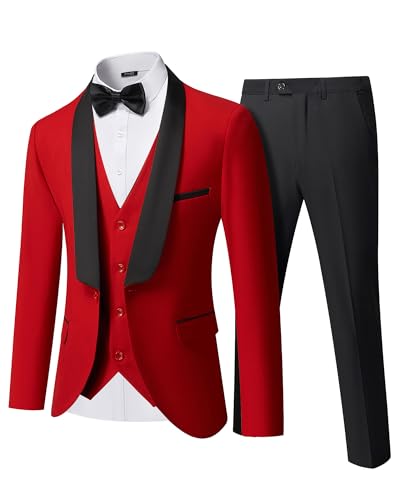 YND Men's 3 Piece Slim Fit Tuxedo Suit Set, One Button Shawl Lapel Solid Blazer, Jacket Vest Pants with Bow Tie