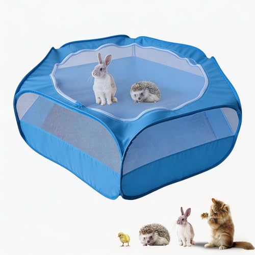 Small Animal Playpen with Zippered Mesh Cover - Portable Foldable Chicken Brooder Box, Indoor Outdoor Enclosure for Guinea Pigs, Bunny, Rabbits, Ferrets, Chinchillas, Kittens (Blue)