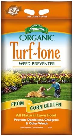 Espoma Organic Turf-Tone Weed Preventer Plus Lawn Food from 100% Corn Gluten Meal. Helps Prevent Weed Seed Establishment and Provides Organic nitrogen That Keeps lawns a deep Green Color. 25 lb. Bag