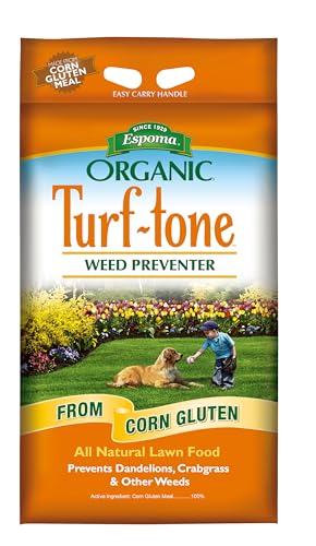 Espoma Organic Turf-Tone Weed Preventer Plus Lawn Food from 100% Corn Gluten Meal. Helps Prevent