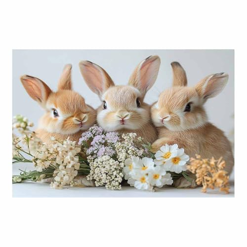Tableau lapin peinture murale fleurie beige pour salon et décoration murale toile