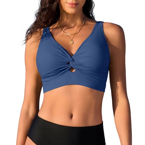 Navy Blue Women's Bikini Top Twist Front V-Neck Swimwear Adjustable Padded Swim Bra Mix & Match Bathing Suit Tops for Large Bust UK Holiday Beachwear