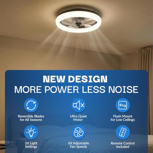 CannonX Black 19” Fandelier Ceiling Fans with Lights and Remote, Low Profile Flush Mount Light Fixture Chandelier Fan for Bedroom, Kitchen, Reversible Motor with 6 Speeds, 3 CCT 3500K-5500K by Bell+Howell - Image 4