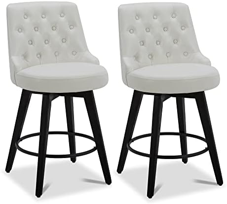 Watson & Whitely Modern Swivel Bar Stools, Faux Leather Upholstered Counter Height Bar Stool with Back, Solid Wood Legs, 26" H Seat, Set of 2, White