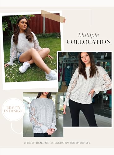 Image of Dokotoo Womens Crewneck Crochet Lace Long Sleeve Hollow Out Cable Knit Sweaters Pullover Tops