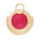 Bolso Mujer Redondo Yute con Forro de Algodón y Asa de Madera - Bolso Boho Artesanal Verano Playa Casual - Hecho a Mano (Fucsia)