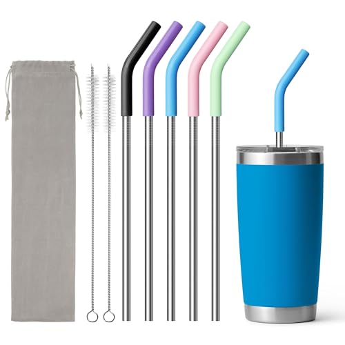Image of Metal Straws Reusable With Silicone Tips for Yeti 20 oz Tumbler, 8.5 inch Stainless Steel Straight Drinking Straw- 2 Cleaning Brushes & 1 Portable Bag